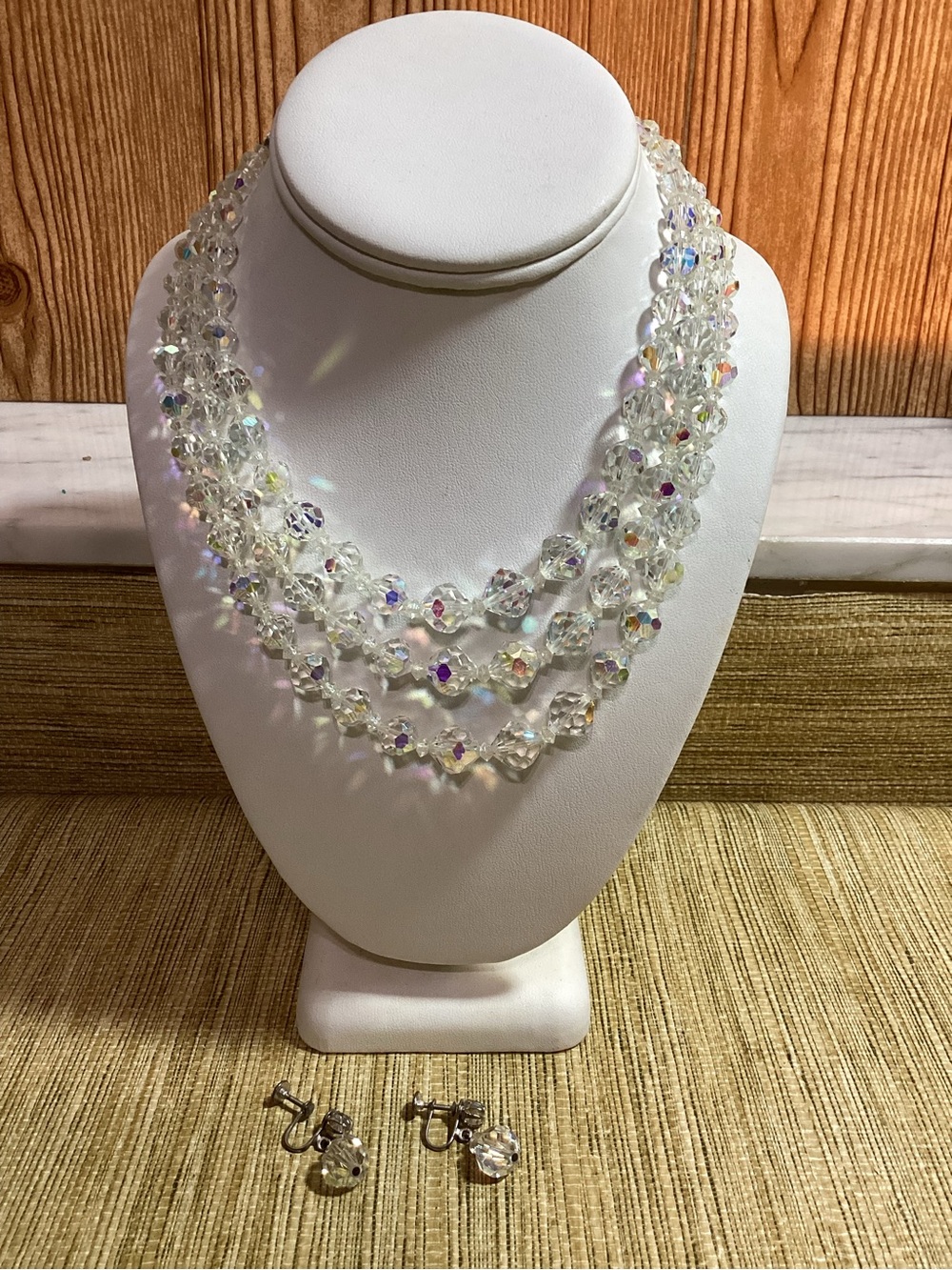 Vintage Crystal Aurora Borealis Triple-Strand Necklace and clip Earrings Set